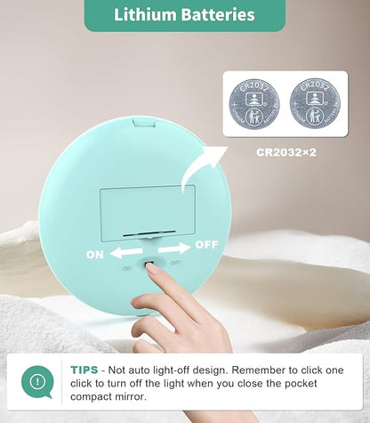WOBSION LED Lighted Travel Makeup Mirror, 1x/10x Magnification, Compact, Portable for Handbag, Purse, Pocket, 3.5 inch Illuminated, Folding, Handheld, 2-Sided, Round, Cyan