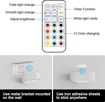 3 Pack Picture Lights for Wall, 13 RGB Color Rechargeable Battery Operated wall lights, Picture Frame lights with 3 Lighting Modes, Wireless Magnetic Painting Light with Remote Control Timer, (White)