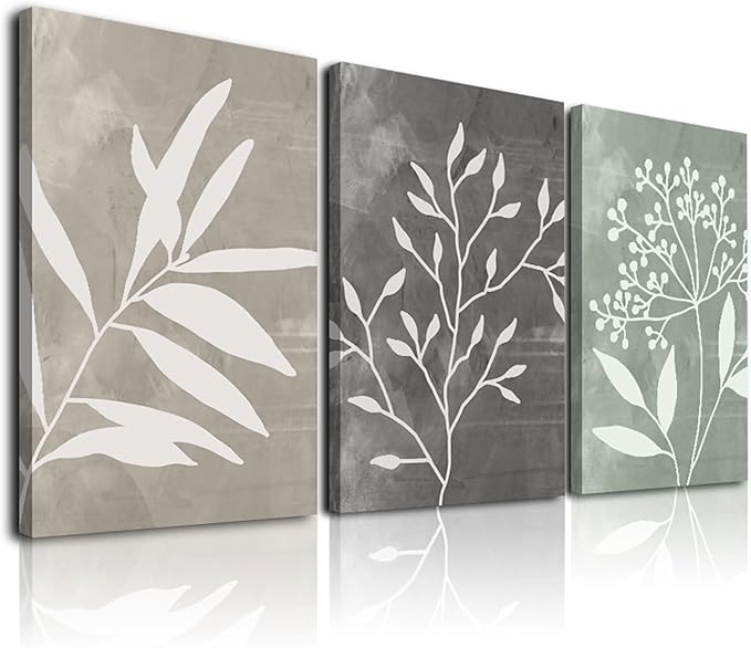 Vintage Botanical Wall Art Set of 3 Prints,Boho Framed Canvas Wall Art,Minimalist Floral Art Boho Wall Decor Living Room,Sage Green Grey Beige Netural Plant Wall Paintings for Bedroom Bathroom Decor,12"x16"