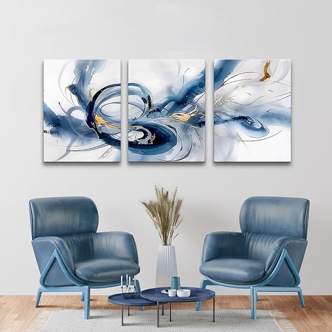 TTHYUEWS Abstract Canvas Wall Decor - Bedroom & Living Room Modern Office Art - Minimalist Blue Ink Wall Paintings - 3 Pieces