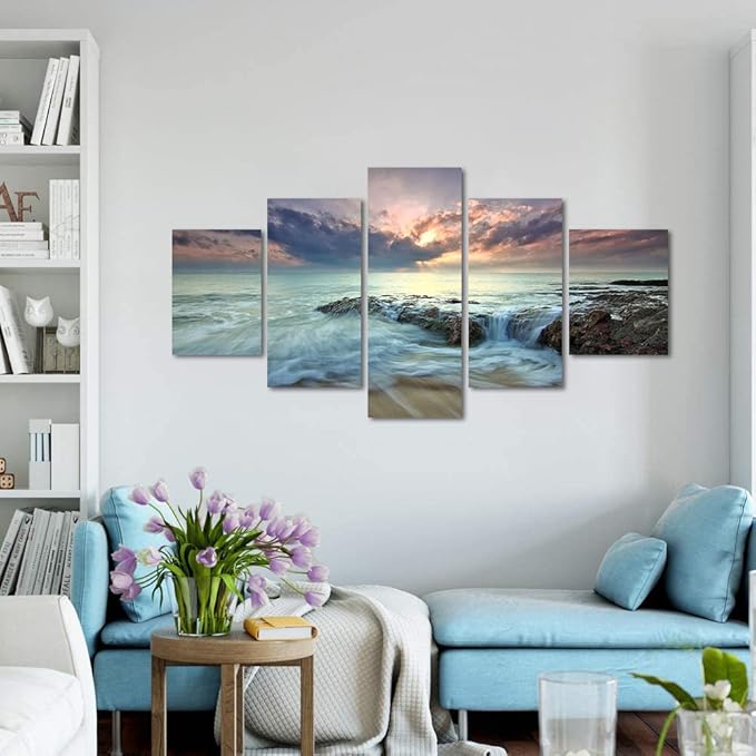 Yatsen Bridge Landscape Canvas Wall Art 5 Panels Sea Water and Rocks Picture Artwork Sunrise Wall Decorative Set for Home Office Decor Modern Stretched and Wood Framed Ready to Hang -60" W x 32" H