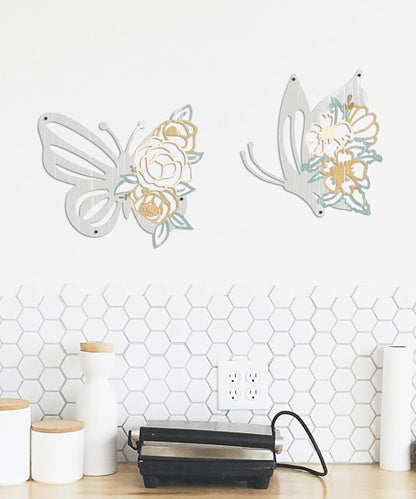 Putuo Decor 2 Pieces Butterfly Metal Wall Decor Floral Iron Wall Sculptures Modern Minimalist Butterfly Flower Wall Art for Living Room Bedroom Hallway Kitchen Bathroom Home Decoration