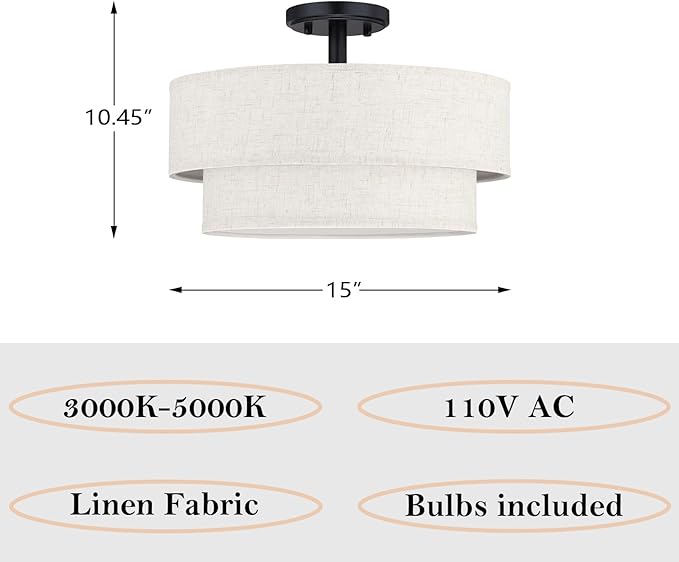 15 Inch LED 18W Adjustable 3000/4000/5000 Black Double Drum Linen Fabric Shade Semi Flush Mount Close to Ceiling Light Fixture for Bedroom,Living Room,Dining Room Hallway