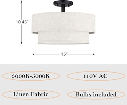 15 Inch LED 18W Adjustable 3000/4000/5000 Black Double Drum Linen Fabric Shade Semi Flush Mount Close to Ceiling Light Fixture for Bedroom,Living Room,Dining Room Hallway