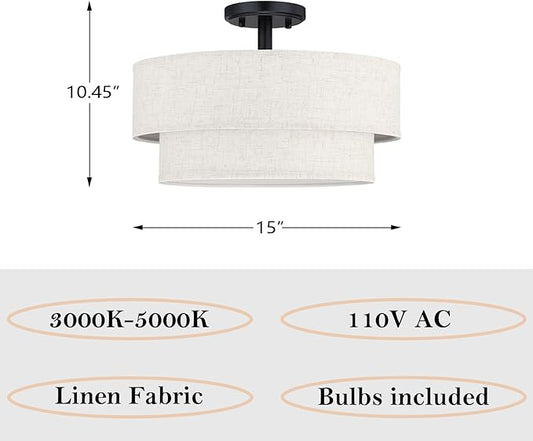 15 Inch LED 18W Adjustable 3000/4000/5000 Black Double Drum Linen Fabric Shade Semi Flush Mount Close to Ceiling Light Fixture for Bedroom,Living Room,Dining Room Hallway