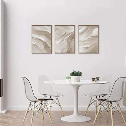 myusuar 3 Piece Large Abstract Framed Wall Art For Living Room, Smoke Texture Ink Beige White Canvas Wall Art Modern Minimalist Art Prints Wall Décor For Bedroom Office 12x16in