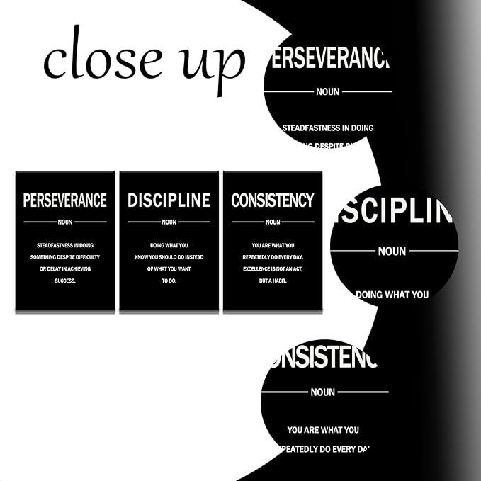 3 Pieces Motivational Canvas Wall Art Perseverance Discipline Consistency Inspirational Quotes Poster Print Positive Wall Decor Artwork for Living Room Workplace Stretched and Framed [60''W x 28''H]