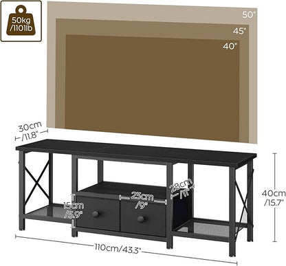 YATINEY Small TV Stand with LED Lights, Entertainment Center with 2 Fabric Drawers and Mesh Shelves, Media TV Console Table for TVs up to 50 Inches, for Living Room, Bedroom, Black DS11DBB