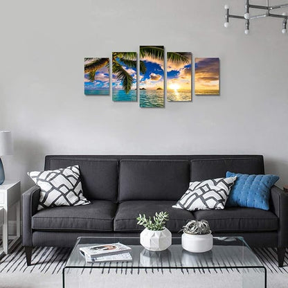 EPHANY Modern 5 Piece Framed Giclee Canvas Prints Art - Blue Beach Landscape Blue Paintings on Canvas Wall Art Wall Art Canvas Print Frame Picture Painting for Room Home Decorations