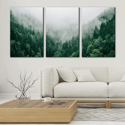 Pacimo Canvas Print Wall Art Set Talking with the Fog Aerial View of Pine Trees in Mist Realism Pictures Print on Canvas Rustic Scenic Modern Artwork Stretch Framed Ready to Hang - 16"x24"x3 Panel