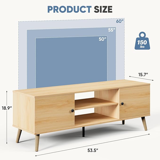 DUMOS TV Stand for 55 60 inch TV, Modern Mid Century Entertainment Center with Storage, Wooden Media Console Table with 2 Cabinets, for Living Room, Bedroom, Wooden