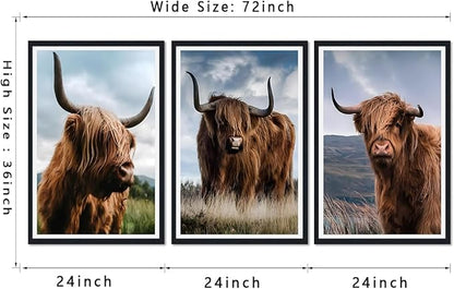 Funny Highland Cow Framed Canvas Wall Art 3 Pieces Highland Cow Portrait Wall Decor for Country Apartment Living Room Bedroom Rustic Vintage Animals Artwork Decoration Easy to Hand 24x36inchx3pcs