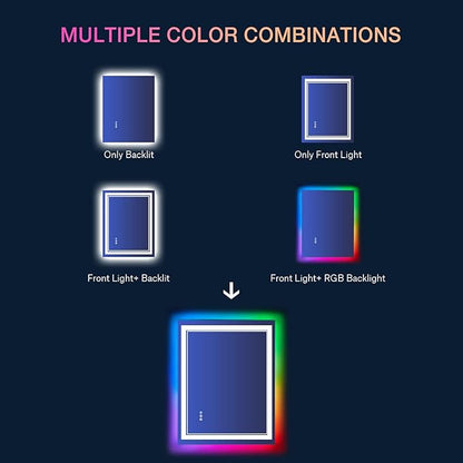 28x36 inch LED Bathroom Mirror RGB Color Changing Backlit Mirror Shatterproof Dimmable Anti-Fog Vanity Mirror with Double Lights (RGB Multicolor Backlit + Adjustable Front-Lighted)