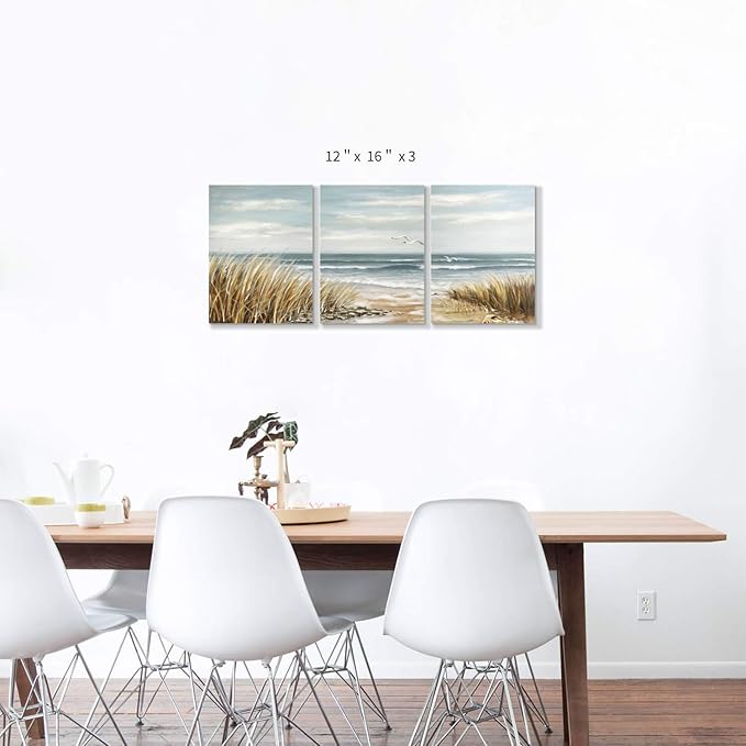 Abstract Beach Picture Wall Art: Coastal Grass Seascape Artwork Print on Canvas for Walls (12”x16”x3pcs)