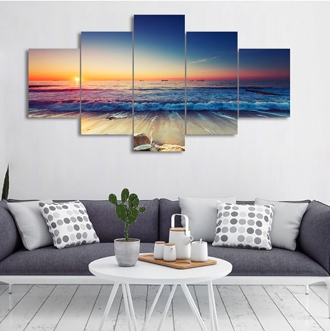5 Piece Painting on Canvas Wall Art for Living Room Prints and Posters Sunset Beach Sea Waves Landscape Artwork Pictures for Home Decorations Wall Decor Set Framed Ready to Hang (60’’W x 32’’H)