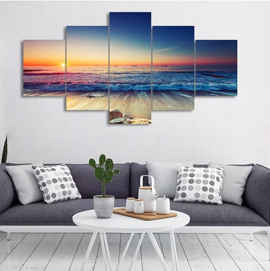 5 Piece Painting on Canvas Wall Art for Living Room Prints and Posters Sunset Beach Sea Waves Landscape Artwork Pictures for Home Decorations Wall Decor Set Framed Ready to Hang (60’’W x 32’’H)