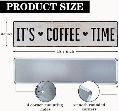 Coffee Metal Tin Sign, It's Coffee Time Sign, Home Kitchen Wall Decor, Farmhouse Decorations for Cafe, Coffees Station Decors, Decorative Metal Wall Signs 15.8x4 Inches