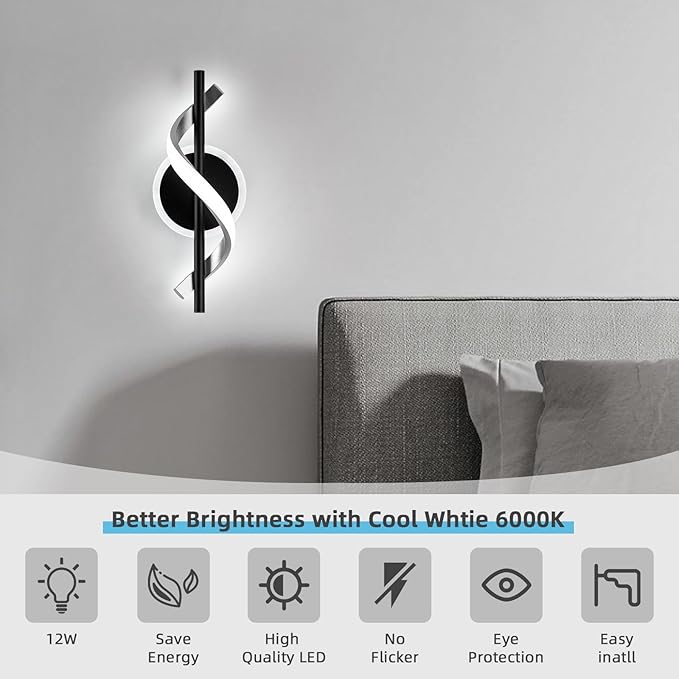 EIDISUNY Wall Sconces Sets of 2, 12W LED Wall Mount Lights, Modern Spiral Wall Lamp, 6000K Cold Modern Light Fixture for Stairs, Living Room, Bedroom, Aisle, Hallway