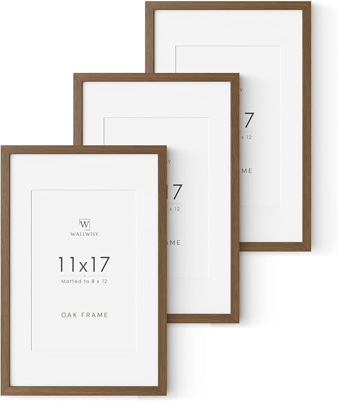 11x17 Oak Picture Frame, Solid Oak 11x17 Poster Frame with Mat to 8x12(Openning Size is 7.5x11.5), Natural Wood 17x11 Frames for Wall, (Walnut Set of 3)