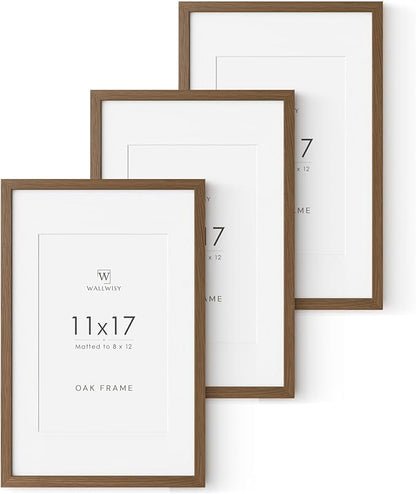 11x17 Oak Picture Frame, Solid Oak 11x17 Poster Frame with Mat to 8x12(Openning Size is 7.5x11.5), Natural Wood 17x11 Frames for Wall, (Walnut Set of 3)