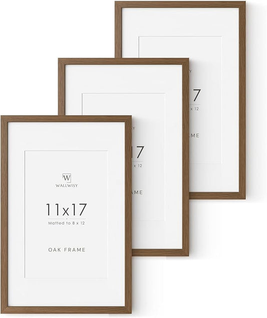 11x17 Oak Picture Frame, Solid Oak 11x17 Poster Frame with Mat to 8x12(Openning Size is 7.5x11.5), Natural Wood 17x11 Frames for Wall, (Walnut Set of 3)