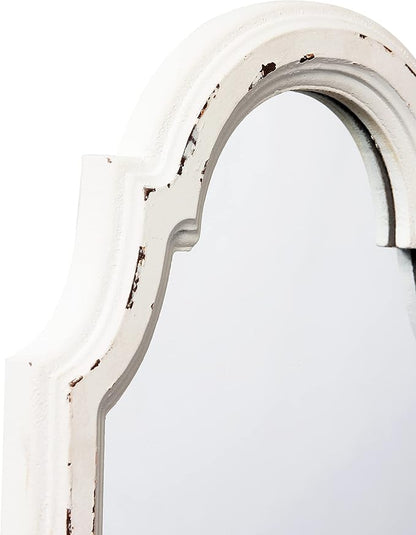 Small Vintage Oval Mirrors for Wall Decor 11 inch, Hanging Farmhouse Wood Entryway Mirror, Distressed White Rustic Scalloped Mirror, Ornate Accent Sculpted Mirrors for Living Room