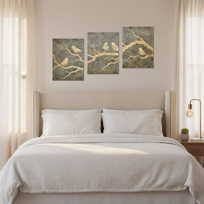 Artmyharbor Bird Prints Painting Triptych Wall Art Gold Bird Wall Decor