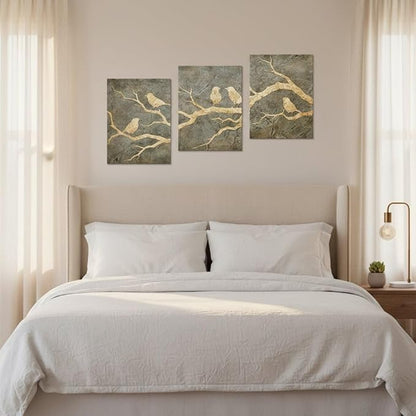 Artmyharbor Bird Prints Painting Triptych Wall Art Gold Bird Wall Decor
