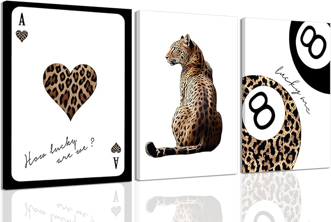 Set of 3 Trendy Leopard Canvas Wall Art, Cheetah & Lucky 8 Ball Playing Card Posters, Preppy Girly Aesthetic Room Decor for Bedroom Dorm Apartment, Framed Prints 16x24 or 12x16 Inch