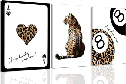 Set of 3 Trendy Leopard Canvas Wall Art, Cheetah & Lucky 8 Ball Playing Card Posters, Preppy Girly Aesthetic Room Decor for Bedroom Dorm Apartment, Framed Prints 16x24 or 12x16 Inch