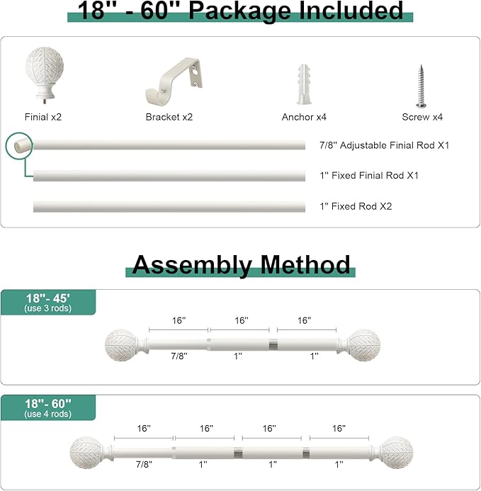 QDWIS White Curtain Rods for Windows 28 to 48 Inch,1'' Diameter Drapery Rods with Leaf Pattern Finials,Boho Adjustable Heavy Duty Curtain Rods Set,18-60'',Antique White