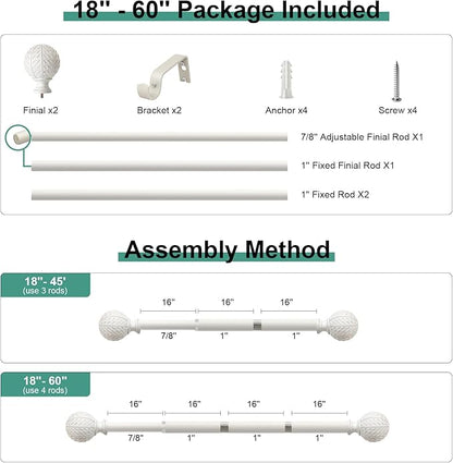 QDWIS White Curtain Rods for Windows 28 to 48 Inch,1'' Diameter Drapery Rods with Leaf Pattern Finials,Boho Adjustable Heavy Duty Curtain Rods Set,18-60'',Antique White