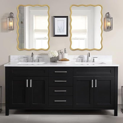 PROHOMEWARE 20 * 28" Gold Wavy Rectangular Vanity Bathroom Mirror for Wall Mounted Bedroom Entryway Living Room Farmhouse