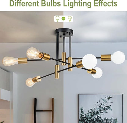 6-Light Modern Sputnik Chandeliers, Black Gold Semi Flush Mount Ceiling Light Fixture, Industrial Farmhouse Kitchen Lighting Fixtures Ceiling Mount for Living Room Bedroom