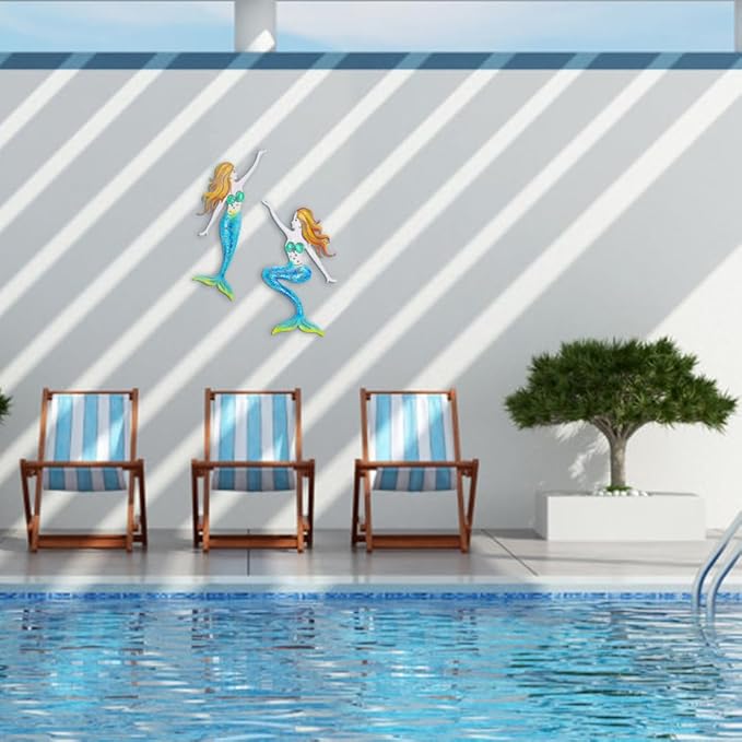 Metal Mermaid Wall Art, Ocean Indoor/Outdoor Art, Fish Wall Art for Bathroom, Kitchen, Garden & Pool (2 Pcs)