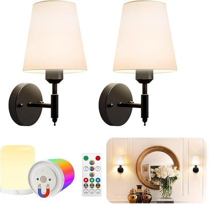 Adetu Battery Operated Wall Sconces Set of Two, Gold Rechargeable Wall Lights with 10000mAh RGB Rechargeable Magnetic Bulb, Battery Wall Sconce with Remote Control for Bedroom Decor