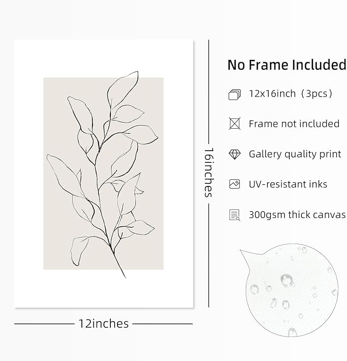 Neutral Botanical Prints Wall Art Decor Plant Minimalist Canvas Pictures Vintage Beige Wall Art Modern Farmhouse Line Poster Boho Abstract Painting Artwork for Bedroom 12x16 Inch Unframed Set of 3