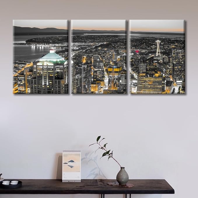 TUMOVO American Cityscape Canvas Paintings Wall Art 3 Pieces Downtown Seattle Skyline in Seattle Washington Skyscrapers Bedroom Decor Wall Art Framed Ready to Hang (36" Wx16 H)