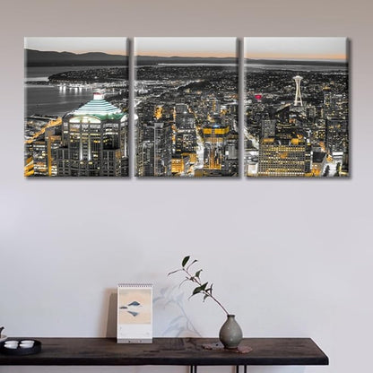 TUMOVO American Cityscape Canvas Paintings Wall Art 3 Pieces Downtown Seattle Skyline in Seattle Washington Skyscrapers Bedroom Decor Wall Art Framed Ready to Hang (36" Wx16 H)