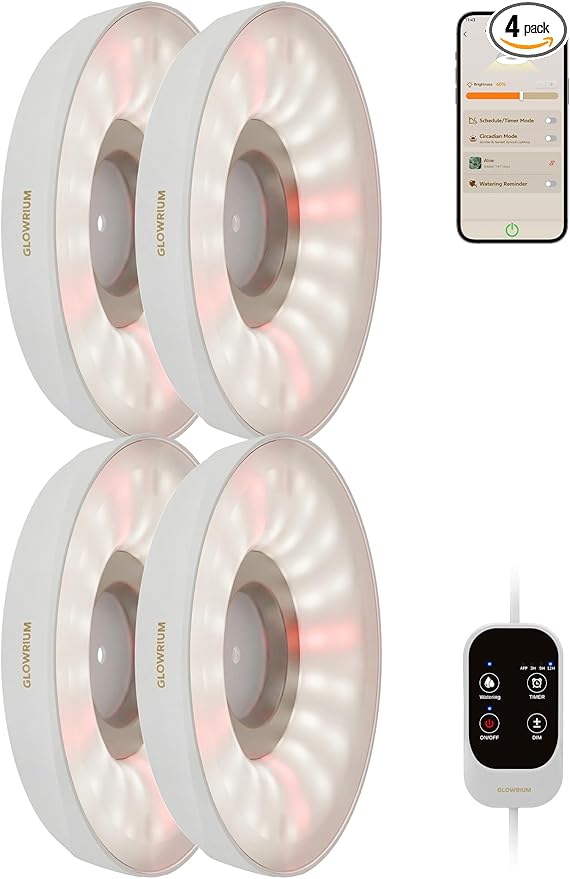 GLOWRIUM Grow Lights for Indoor Plants, Full Spectrum Puck Grow Light with Manual & APP Control, 32W(4 x 8W) Plant Lamp Auto-Timer, Plant Assistant 10 Levels Dimmable for Plant Shelf (4 Packs,White)