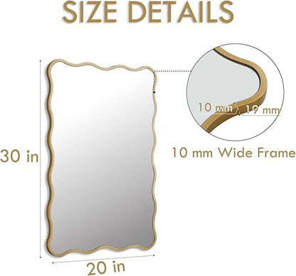 Gold Wavy Bathroom Mirror 20x30 Rectangle Scalloped Farmhous Mirror Modern Wood Farme Mirror Wall Decor for Bathroom Entryway Living Room Bedroom Hallway