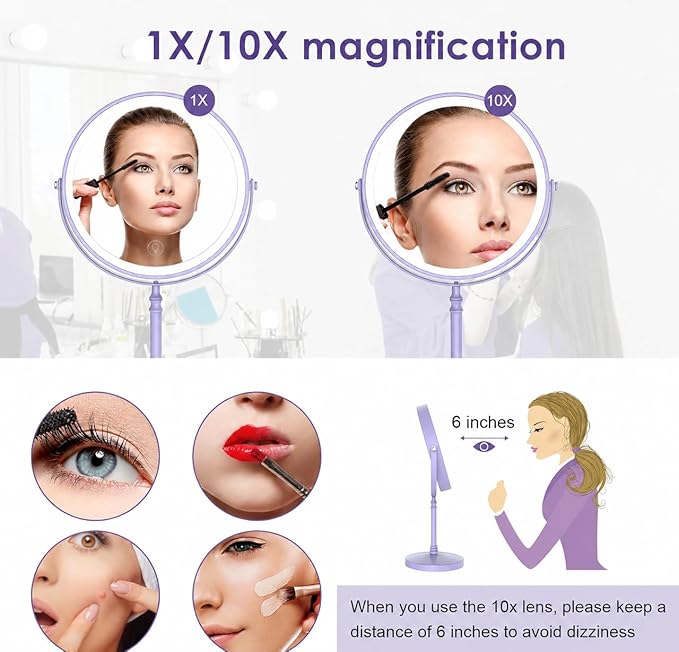 DEIOVWXS Makeup Mirror, 3000mAh Rechargeable Double-Sided Magnifying Vanity Mirror with 3 Colors, 1X/10X, Adjustable Brightness, Gifts for Mom, Mothers Day, Women, Wife, Girls, Dorm Room Essential