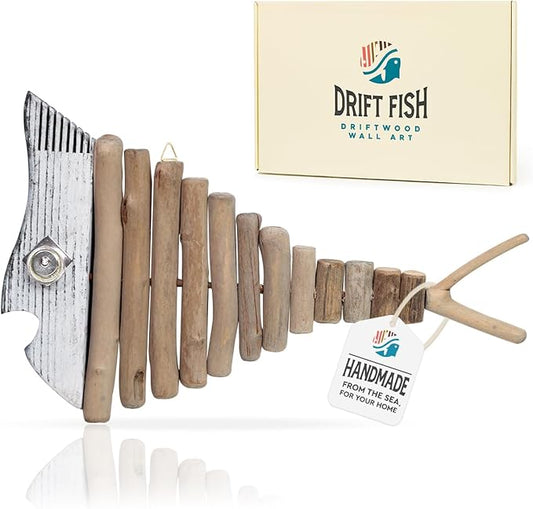 Driftwood Fish Nautical Wall Decor - Handmade Wooden Rustic Coastal Wall Art for Living Room, Bedroom, Office, Bathroom - Ocean Beach Decoration (Misty)