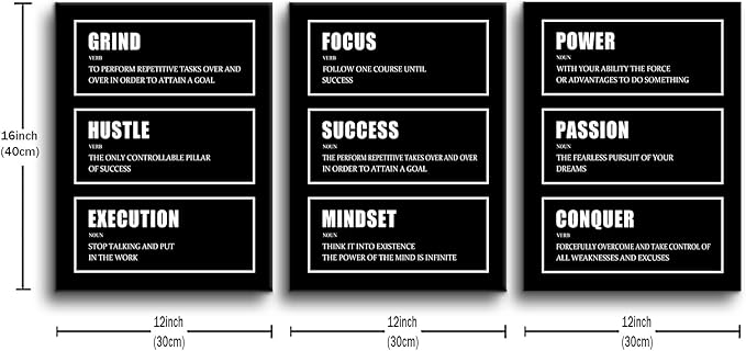 Hustle Success Passion Motivational Canvas Wall Art 3 Pieces Inspirational Painting Prints Entrepreneur Quotes Grind Posters Prints Black Wall Decor for Office Bedroom Workplace Framed [36''W X 16''H]