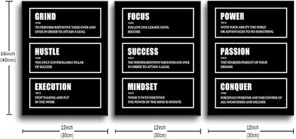 Hustle Success Passion Motivational Canvas Wall Art 3 Pieces Inspirational Painting Prints Entrepreneur Quotes Grind Posters Prints Black Wall Decor for Office Bedroom Workplace Framed [36''W X 16''H]