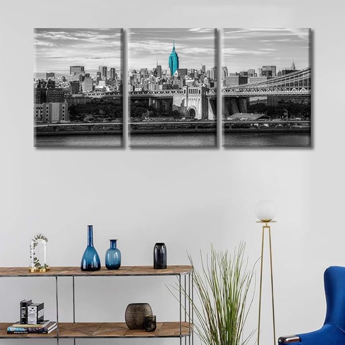 TUMOVO 3 Panels New York USA Downtown Skyline Modern Home Decor Skyscrapers City Skyline Pictures Canvas Wall Art for Bedroom, Living Room, Office. Framed Ready to Hang (36" Wx16 H)