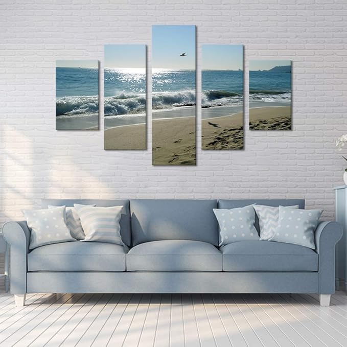 Yatsen Bridge Beach Wave Ocean Painting on Canvas 5 Piece Beach Wall Art Modern Landscape Scenery Posters and Prints Pictures for Living Room Bedroom Canvas Art Set Framed Ready to Hang (60x40 Inch)