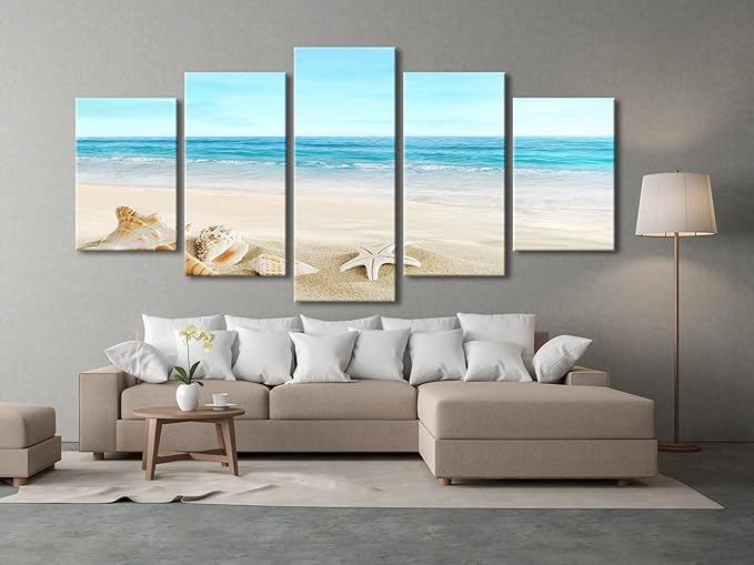 Pyradecor Extra Large Sea Shells Canvas Wall Art Modern Seascape Artwork Landscape Pictures Paintings Canvas Prints for Home Office Decorations