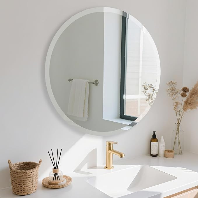 Frameless Round Mirror 30 Inch, Round Mirror with 1 inch Beveled Edge, Beveled Bathroom Mirrors for Vanity, Living Room, Entryways