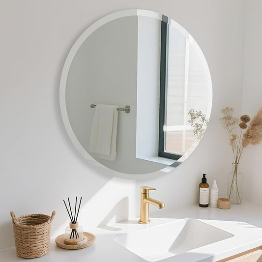 Frameless Round Mirror 30 Inch, Round Mirror with 1 inch Beveled Edge, Beveled Bathroom Mirrors for Vanity, Living Room, Entryways